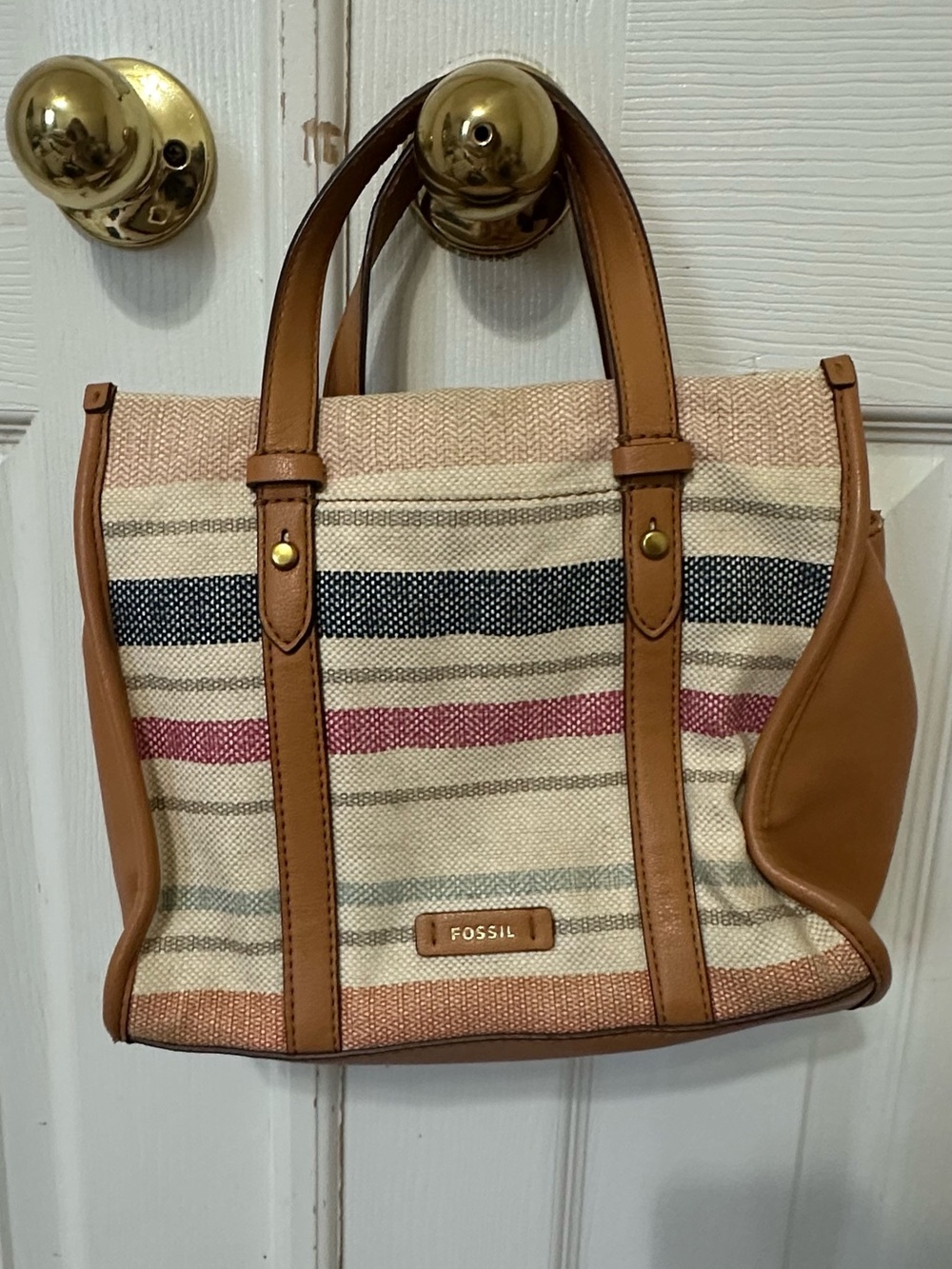 Fossil Cream Canvas Tote with Tan Trim and Multicolor Stripes
